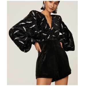 Bronx and Banco Maria Black Velvet Bishop Puffed Sleeve Glitter Plunge Romper M